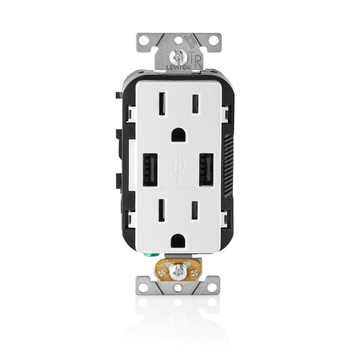 Leviton Combination Duplex Receptacle/Outlet And USB Charger 15 Amp 125V Decora Tamper-Resistant Receptacle/Outlet Self-Grounding White (T5632-SW)