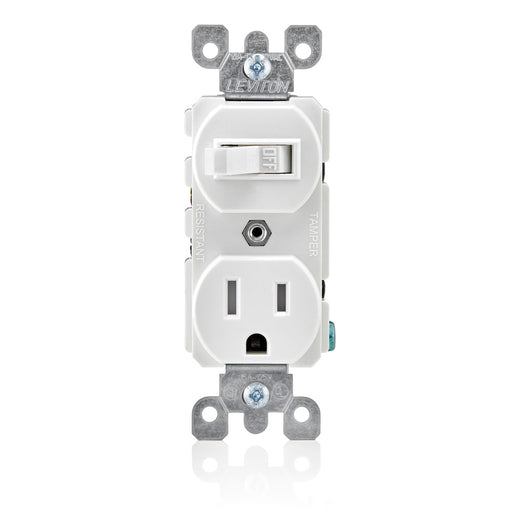 Leviton 15 Amp 120V Tamper-Resistant Duplex Style Single-Pole/5-15R AC Combination Switch Commercial Grade Grounding Side Wired White (T5225-W)