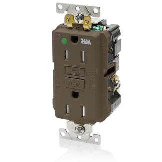 Leviton SmartlockPro GFCI Duplex Receptacle Outlet Extra Heavy-Duty Hospital Grade With Wall Plate Weather/Tamper-Resistant 15A 20A Feed-Through 125V Brown (GFWT1-HG)