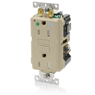 Leviton SmartlockPro GFCI Duplex Receptacle Outlet Extra Heavy-Duty Hospital Grade With Wall Plate Weather/Tamper-Resistant 15A 20A Feed-Through 125V Ivory (GFWT1-HGI)
