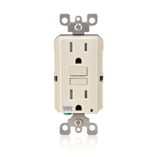 Leviton 15 Amp 125V Receptacle/Outlet 20 Amp Feed-Through Self-Test SmartlockPro Slim Weather And Tamper-Resistant GFCI Monochromatic Light Almond (GFWT1-T)