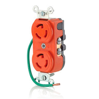 Leviton 15 Amp 277V NEMA L7-15R 2P 3W Duplex Locking Receptacle Industrial Grade Isolated Ground Integral 6 Inch Ground Lead Orange (4750-IG)