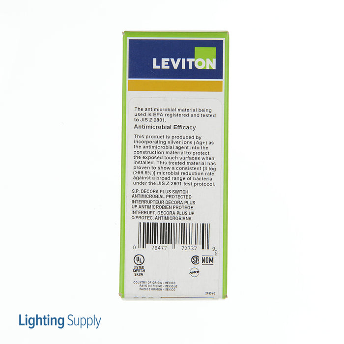 Leviton 20 Amp 120/277V Antimicrobial Treated Decora Plus Rocker Single-Pole AC Quiet Switch Commercial Spec Grade Self Grounding Gray (A5621-2GY)