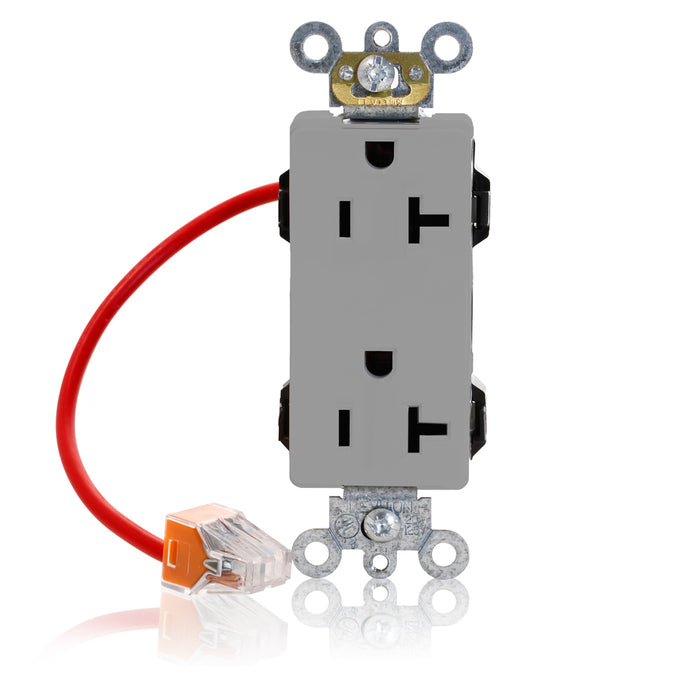 Leviton Lev-Lok Decora Plus Duplex Receptacle Outlet Heavy-Duty Industrial Spec Grade Split-Circuit Smooth Face 20 Amp Gray (M1636-SCG)