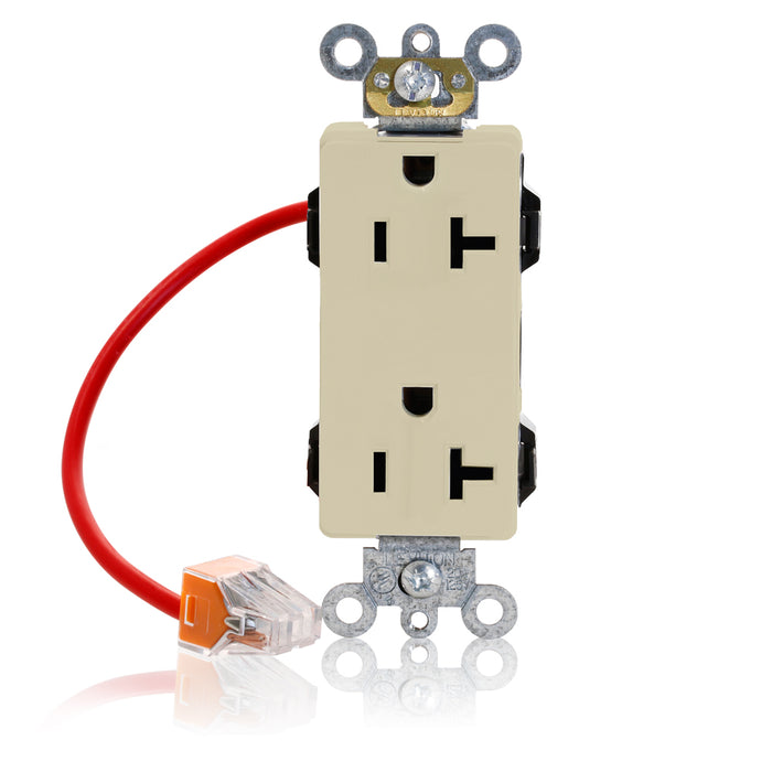 Leviton Lev-Lok Decora Plus Duplex Receptacle Outlet Heavy-Duty Industrial Spec Grade Split-Circuit Smooth Face 20 Amp Ivory (M1636-SCI)