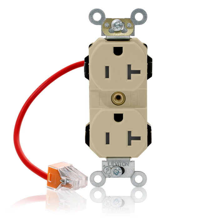 Leviton Lev-Lok Duplex Receptacle Outlet Heavy-Duty Industrial Spec Grade Split-Circuit Smooth Face 20 Amp 125V Modular Ivory (M5362-SCI)