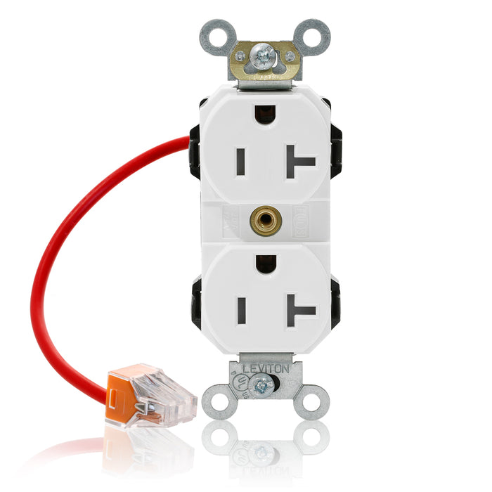 Leviton Lev-Lok Duplex Receptacle Outlet Heavy-Duty Industrial Spec Grade Split-Circuit Smooth Face 20 Amp 125V Modular White (M5362-SCW)