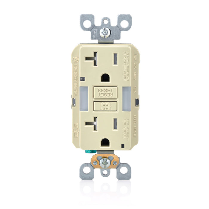 Leviton 20 Amp 125V Receptacle/Outlet 20 Amp Feed-Through Tamper-Resistant Self-Test SmartlockPro Slim Guide Light GFCI Monochromatic Ivory (GFNL2-I)