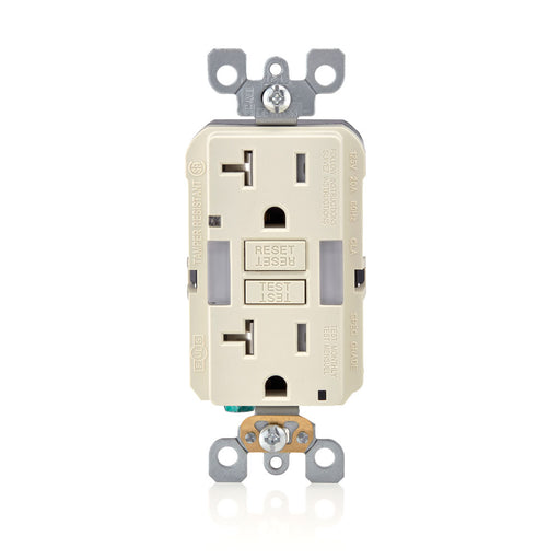 Leviton 20 Amp 125V Receptacle/Outlet 20 Amp Feed-Through Tamper-Resistant Self-Test SmartlockPro Slim Guide Light GFCI Monochromatic Light Almond (GFNL2-T)