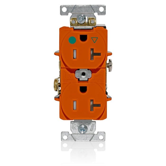 Leviton Isolated Ground Duplex Receptacle Outlet Heavy-Duty Hospital Grade Tamper-Resistant Smooth Face 20 Amp 125V Back Or Side Wire Orange (T8300-IG)