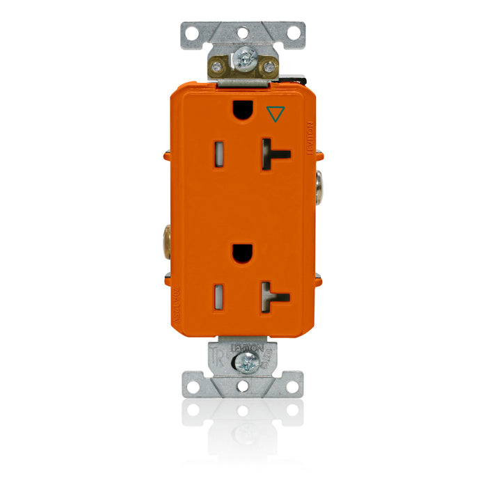 Leviton Decora Plus Isolated Ground Duplex Receptacle Outlet Heavy-Duty Industrial Spec Grade Tamper-Resistant 20A 125V Back Or Side Wire Orange (T1636-IG)