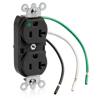 Leviton Duplex Receptacle Outlet Heavy-Duty Hospital Grade Smooth Face 20 Amp 125V Pre-Wired Leads NEMA 5-20R 2-Pole 3-Wire Black (8300-LE)