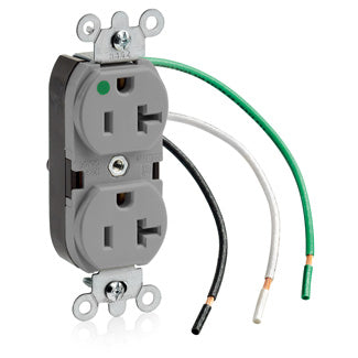 Leviton Duplex Receptacle Outlet Heavy-Duty Hospital Grade Smooth Face 20 Amp 125V Pre-Wired Leads NEMA 5-20R 2-Pole 3-Wire Gray (8300-LGY)