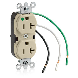 Leviton Duplex Receptacle Outlet Heavy-Duty Hospital Grade Smooth Face 20 Amp 125V Pre-Wired Leads NEMA 5-20R 2-Pole 3-Wire Ivory (8300-LI)