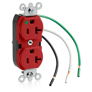 Leviton Duplex Receptacle Outlet Heavy-Duty Hospital Grade Smooth Face 20 Amp 125V Pre-Wired Leads NEMA 5-20R 2-Pole 3-Wire Red (8300-LR)