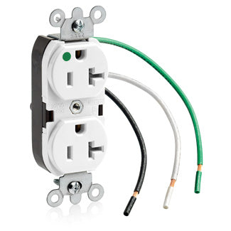 Leviton Duplex Receptacle Outlet Heavy-Duty Hospital Grade Smooth Face 20 Amp 125V Pre-Wired Leads NEMA 5-20R 2-Pole 3-Wire White (8300-LW)