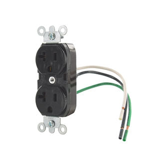 Leviton Duplex Receptacle Outlet Heavy-Duty Industrial Spec Grade Smooth Face 20 Amp 125V Pre-Wired Leads NEMA 5-20R Black (5362-LE)