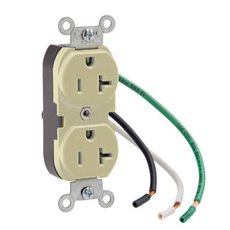 Leviton Duplex Receptacle Outlet Heavy-Duty Industrial Spec Grade Smooth Face 20 Amp 125V Pre-Wired Leads NEMA 5-20R Ivory (5362-LI)