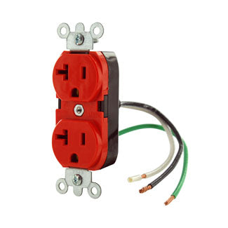 Leviton Duplex Receptacle Outlet Heavy-Duty Industrial Spec Grade Smooth Face 20 Amp 125V Pre-Wired Leads NEMA 5-20R Red (5362-LR)