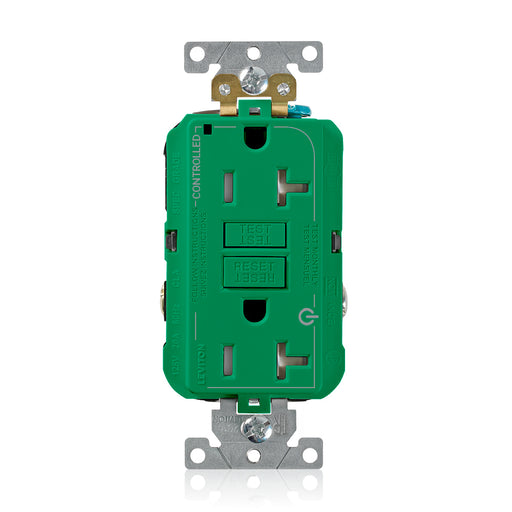 Leviton Green 2 Plug Marked Controlled SmartlockPro GFCI Decora Duplex Receptacle Outlet Extra Heavy Duty Tamper-Resistant 20A 125V Back Or Side Wire (G5362-2TN)