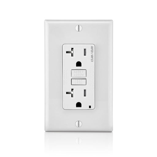 Leviton 20 Amp 125V Dual Function AFCI/GFCI Receptacle 20 Amp Feed-Through Tamper-Resistant Monochromatic Back And Side Wire White (AGTR2-W)