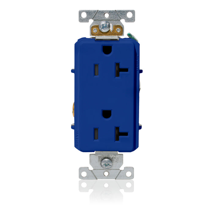 Leviton Decora Plus Duplex Receptacle Outlet Heavy-Duty Industrial Spec Grade Smooth Face 20 Amp 125V Back Or Side Wire Blue (16352-BU)