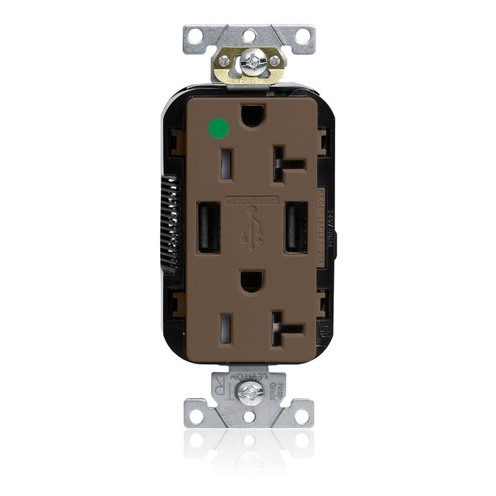 Leviton 20A Lev-Lok USB Tamper-Resistant Hospital-Grade Outlet Type A-A Brown (M58AA-HG)