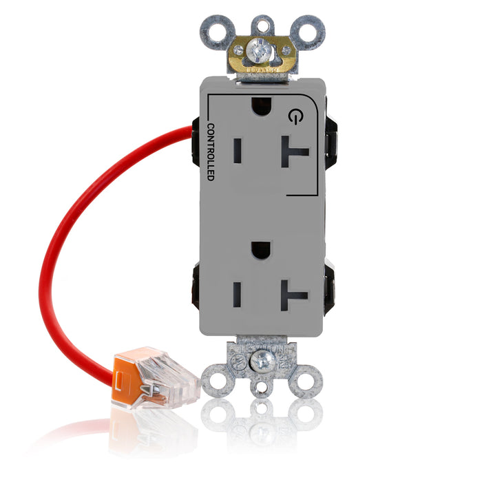 Leviton Lev-Lok Decora Plus Duplex Receptacle Outlet Heavy-Duty Industrial Spec Grade Split-Circuit One Outlet Marked Controlled 20 Amp 125V Gray (M1636-1CG)