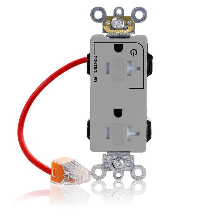 Leviton Lev-Lok Decora Plus Duplex Receptacle Outlet Heavy-Duty Industrial Spec Grade Split-Circuit One Outlet Marked Controlled 20 Amp 125V Gray (MT163-1CG)