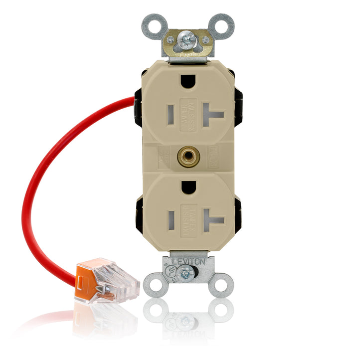 Leviton Lev-Lok Duplex Receptacle Outlet Heavy-Duty Industrial Spec Grade Split-Circuit Tamper-Resistant Smooth Face 20 Amp 125V Ivory (MT563-SCI)