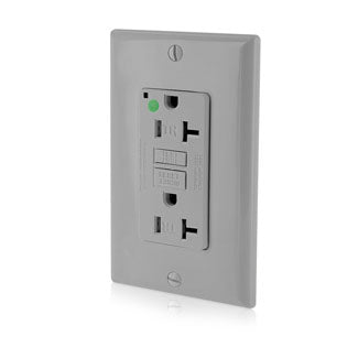 Leviton SmartlockPro GFCI Duplex Receptacle Outlet Extra Heavy-Duty Hospital Grade With Wall Plate Power Indication 20A/20A Feed-Through 125V Gray (GFTR2-HGG)
