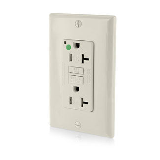 Leviton SmartlockPro GFCI Duplex Receptacle Outlet Extra Heavy-Duty Hospital Grade With Wall Plate Power Indication 20A/20A Feed-Through 125V Light Almond (GFTR2-HGT)