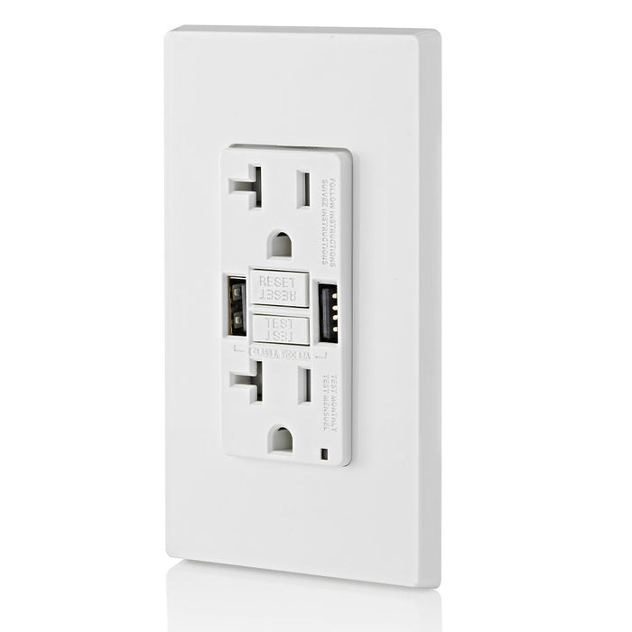 Leviton 20A SmartlockPro GFCI Combination 24W Type A USB In-Wall Charger Outlet (GUSB2-W)
