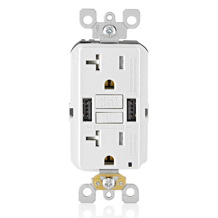 Leviton 20A SmartlockPro GFCI Combination 24W Type A USB In-Wall Charger Outlet (GUSB2-W)