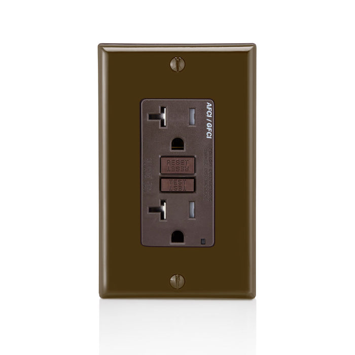 Leviton 20 Amp 125V Dual Function AFCI/GFCI Receptacle 20 Amp Feed-Through Tamper-Resistant Monochromatic Back And Side Wire Brown (AGTR2)