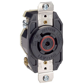 Leviton 20 Amp 277/480V 3-Phase Y NEMA L22-20R 4P 5W Flush Mount Locking Receptacle Industrial Grade Grounding V-0-MAX Black (2520)