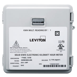 Leviton Individual Mini Meter Submeter In Small NEMA 4X Enclosures Mechanical Counters 120/240V 2PH 3W 100 0.1A 1 kWh Resolution (6S201-B01)