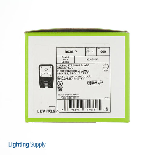 Leviton 30 Amp 250V NEMA 6-30P 2P 3W Plug Straight Blade Industrial Grade Grounding Angle Black (9630-P)