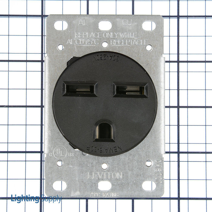Leviton 30 Amp 250V NEMA 6-30R 2P 3W Flush Mounting Receptacle Straight Blade Industrial Grade Grounding Side Wired Steel Strap Black (5372-S00)