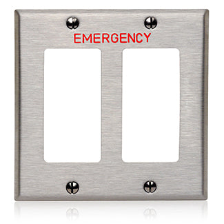 Leviton 2-Gang Decora Duplex Receptacle Wall Plate/Faceplate Standard Size 302 Stainless Steel Device Mount Engraved Emergency (84409-E40)