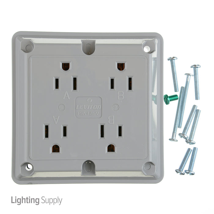 Leviton 4-in-1 Quadruplex Receptacle Outlet Heavy-Duty Industrial Spec Grade 15 Amp 125V Side Wire NEMA 5-15R 2-Pole 3-Wire Gray (1254-GY)