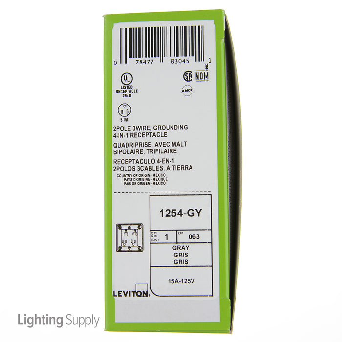 Leviton 4-in-1 Quadruplex Receptacle Outlet Heavy-Duty Industrial Spec Grade 15 Amp 125V Side Wire NEMA 5-15R 2-Pole 3-Wire Gray (1254-GY)