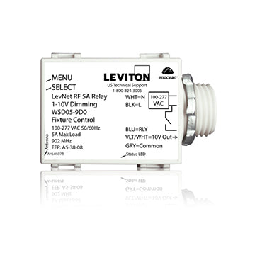 Leviton Levnet RF Wireless 5A Relay 1-10V Dimming Fixture Controller 1/2 Inch Threaded Nipple 100-277V 50/60Hz 902MHz Enocean (WSD05-9D0)