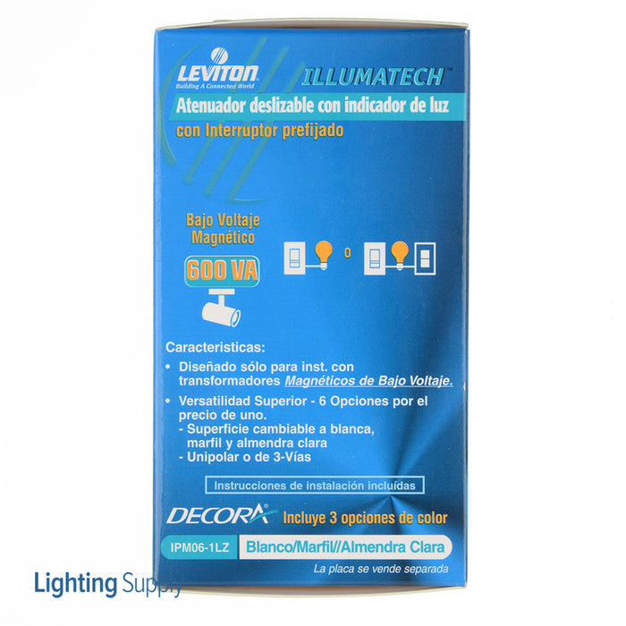 Leviton 600VA 450W 120VAC 60Hz Single-Pole And 3-Way IllumaTech Preset Electro-Mechanical Magnetic Low-Voltage Slide Dimmer LED Locator Light (IPM06-1LZ)