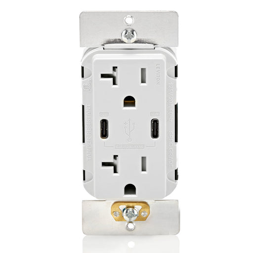 Leviton 60W/6A USB Dual Type-C/C Power Delivery Wall Outlet Charger With 20A Tamper-Resistant Outlet (T5836-W)