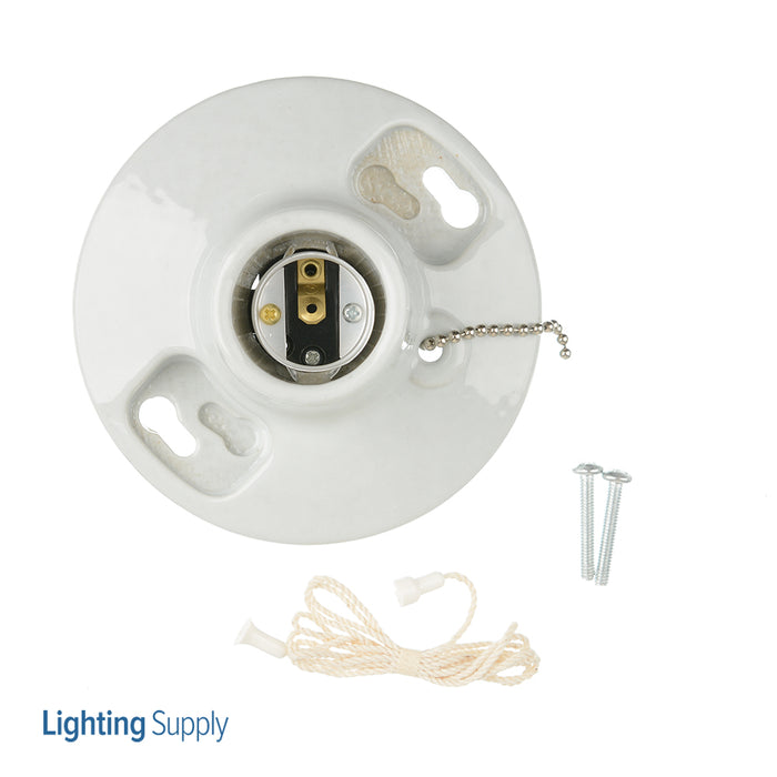 Leviton 660W/250V Medium Base One Piece Glazed Porcelain Outlet Box Mount Incandescent Lamp Holder Pull Chain Single Circuit Top Wi (29816-C)