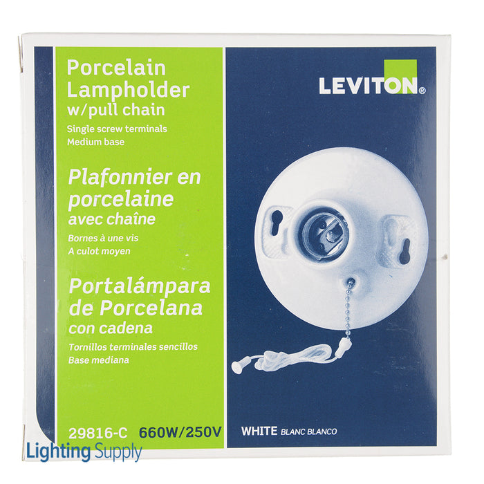 Leviton 660W/250V Medium Base One Piece Glazed Porcelain Outlet Box Mount Incandescent Lamp Holder Pull Chain Single Circuit Top Wi (29816-C)