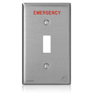 Leviton 1-Gang Toggle Device Switch Wall Plate Standard Size Antimicrobial Treated Powder Coated Stainless Steel Engraved Emergency (84001-E4A)