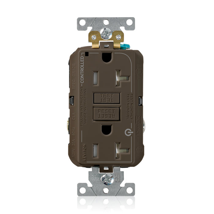 Leviton Brown 2 Plug Marked Controlled SmartlockPro GFCI Decora Duplex Receptacle Outlet Extra Heavy Duty Tamper-Resistant 20A 125V Back Or Side Wire (G5362-2T0)