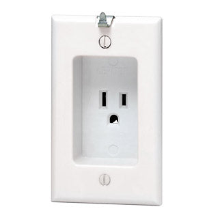 Leviton 1-Gang Single Recessed Receptacle 15 Amp 125V 2-Pole 3-Wire NEMA 5-15R Residential Grade With Clock Hanger Hook White (688-W)